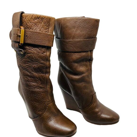 Chloe Prince Brown Mid Wedge Heel Leather Calf Boot Size 6 - Picture 1 of 14